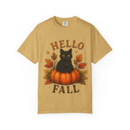 Hello Fall T-Shirt, Black Cat Pumpkin Autumn Tee, Cute Fall Cat Shirt