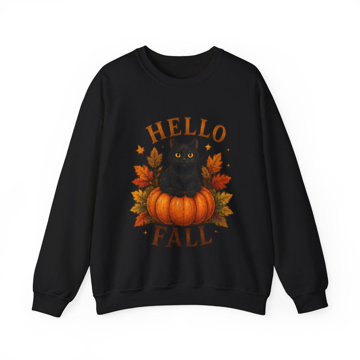 Hello Fall Sweatshirt — Black Cat on Pumpkin Cozy Autumn Crewneck
