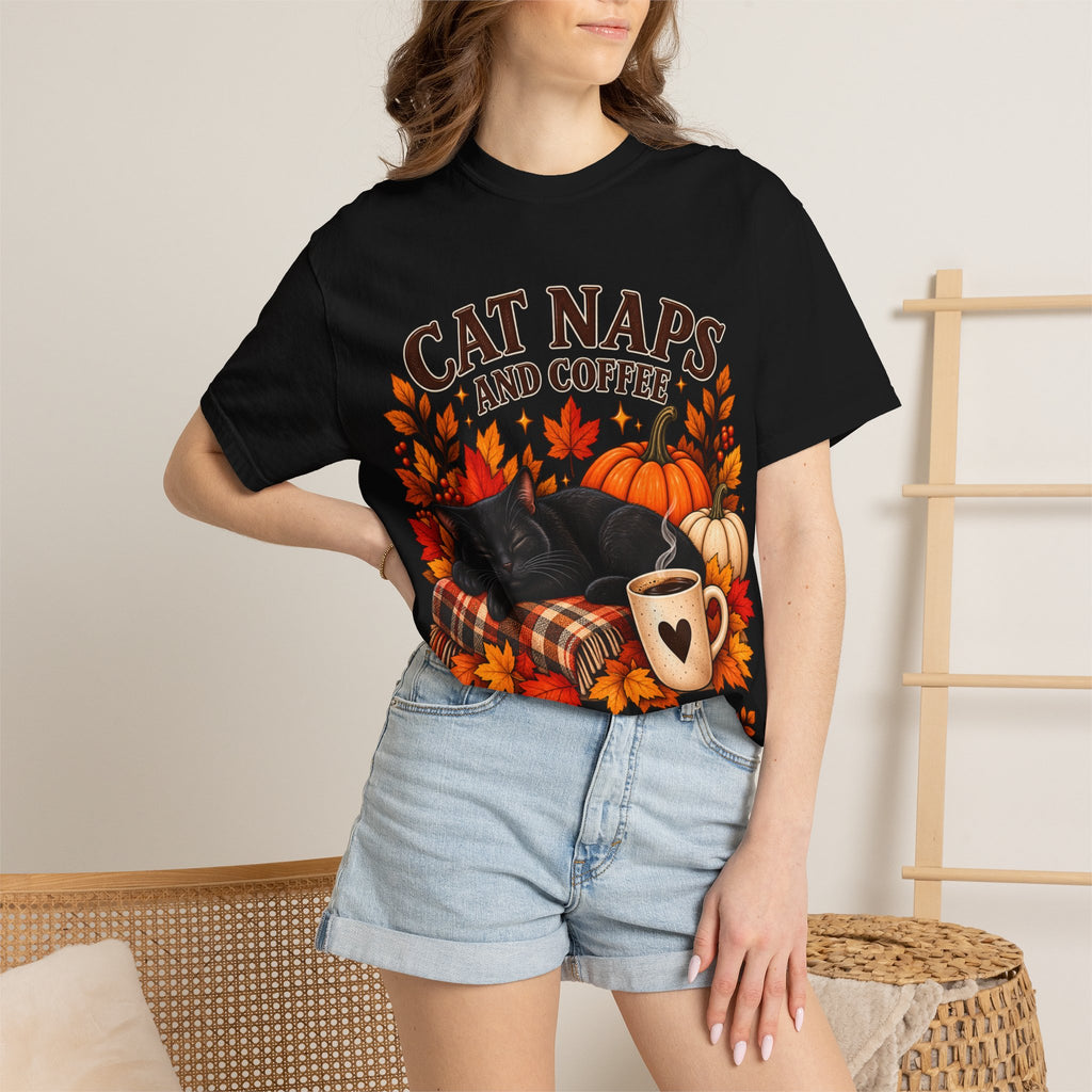 Cat Naps & Coffee T-Shirt, Black Cat Coffee Fall Shirt, Cozy Autumn Cat Tee, Cat Lover Coffee Shirt
