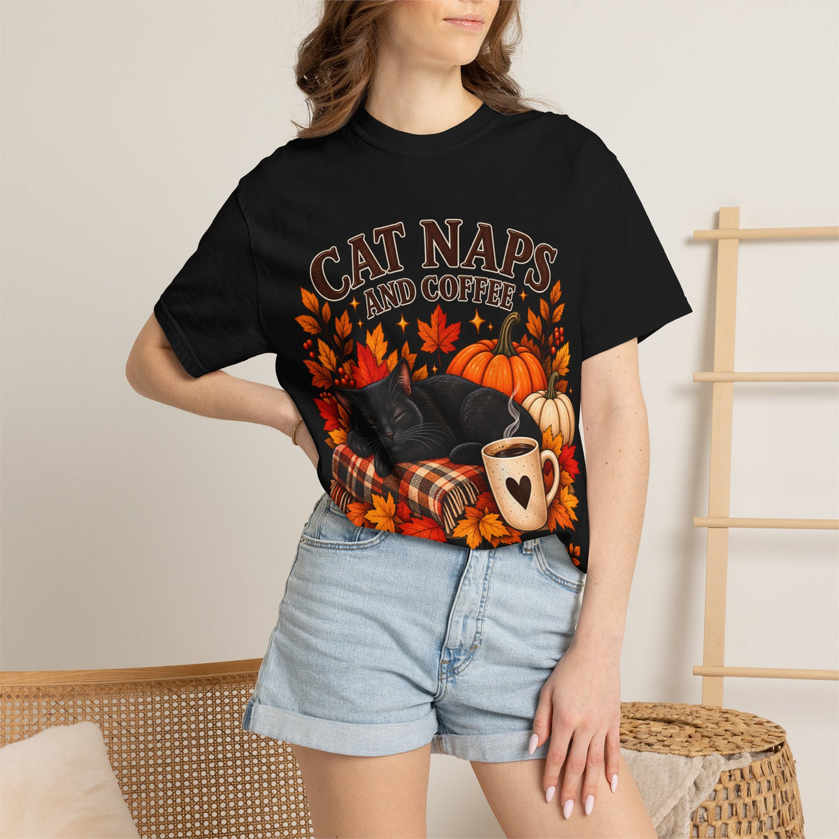 Cat Naps & Coffee T-Shirt, Black Cat Coffee Fall Shirt, Cozy Autumn Cat Tee, Cat Lover Coffee Shirt
