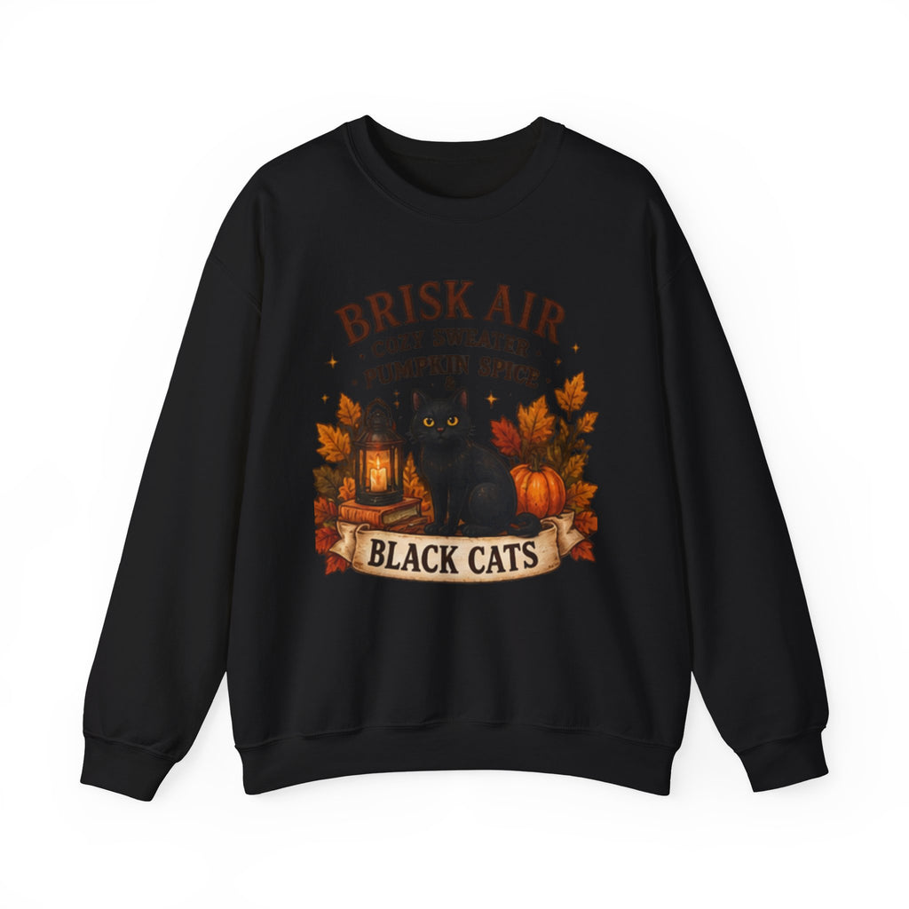 Autumn Black Cat Sweatshirt — "Brisk Air Cozy Sweater Pumpkin Spice" Fall Crewneck