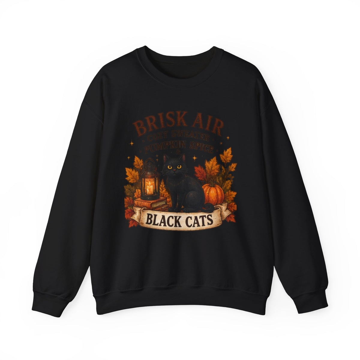 Autumn Black Cat Sweatshirt — "Brisk Air Cozy Sweater Pumpkin Spice" Fall Crewneck