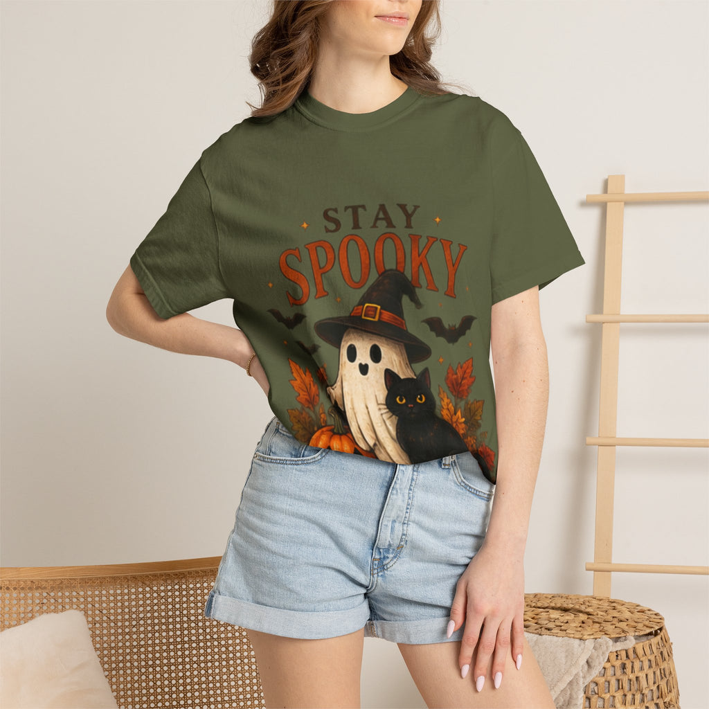 Stay Spooky T‑Shirt — Cute Ghost, Black Cat & Pumpkin Halloween Tee