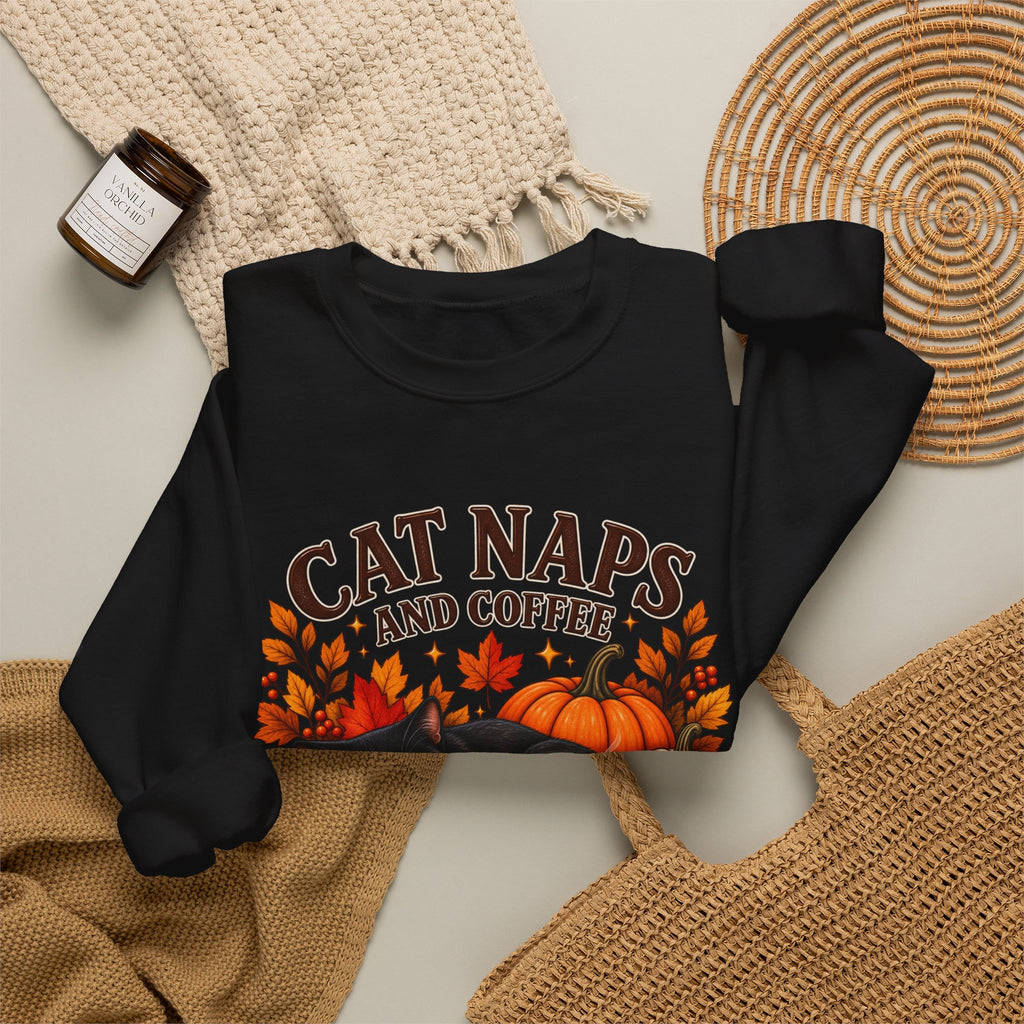 Cat Naps & Coffee Sweatshirt, Black Cat Coffee Fall Shirt, Cozy Autumn Cat Tee, Cat Lover Coffee Shirt