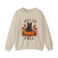 Hello Fall Sweatshirt — Black Cat on Pumpkin Cozy Autumn Crewneck