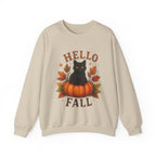 Hello Fall Sweatshirt — Black Cat on Pumpkin Cozy Autumn Crewneck