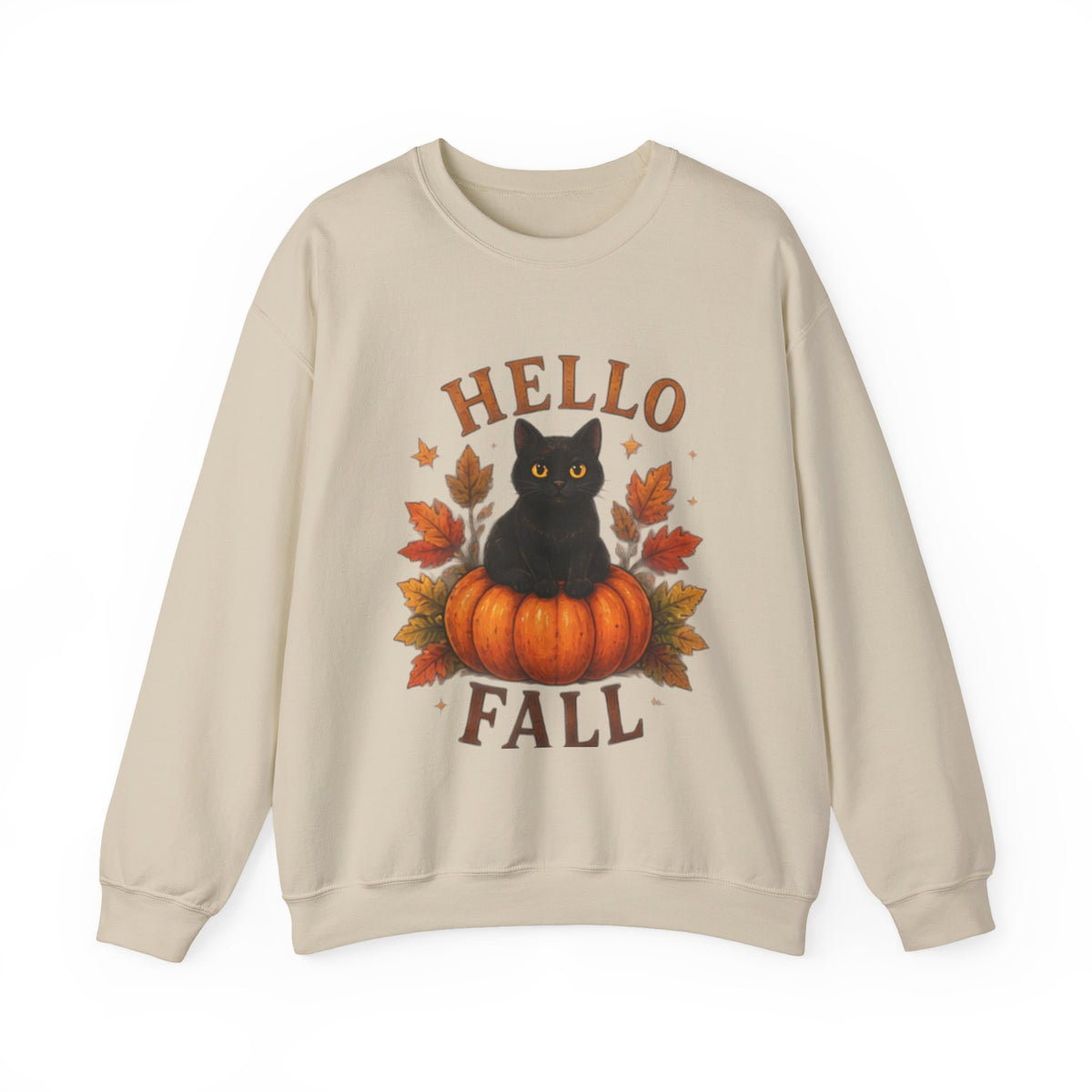 Hello Fall Sweatshirt — Black Cat on Pumpkin Cozy Autumn Crewneck