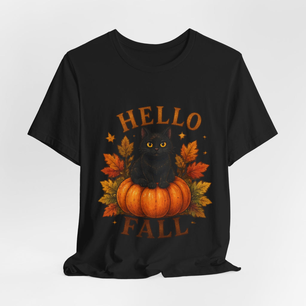 Hello Fall T-Shirt, Black Cat Pumpkin Autumn Tee, Cute Fall Cat Shirt