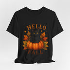 Hello Fall T-Shirt, Black Cat Pumpkin Autumn Tee, Cute Fall Cat Shirt