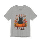 Hello Fall T-Shirt, Black Cat Pumpkin Autumn Tee, Cute Fall Cat Shirt