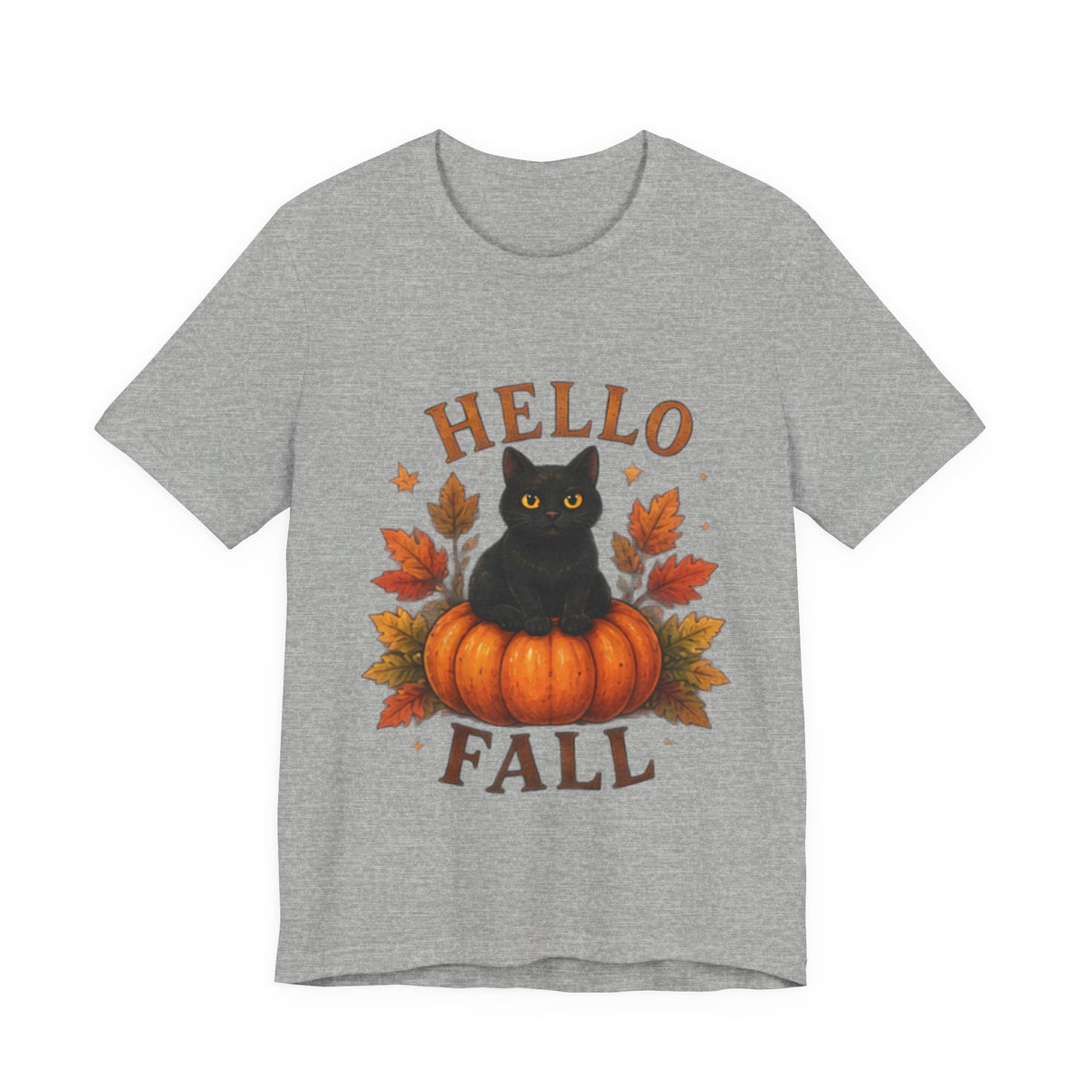 Hello Fall T-Shirt, Black Cat Pumpkin Autumn Tee, Cute Fall Cat Shirt
