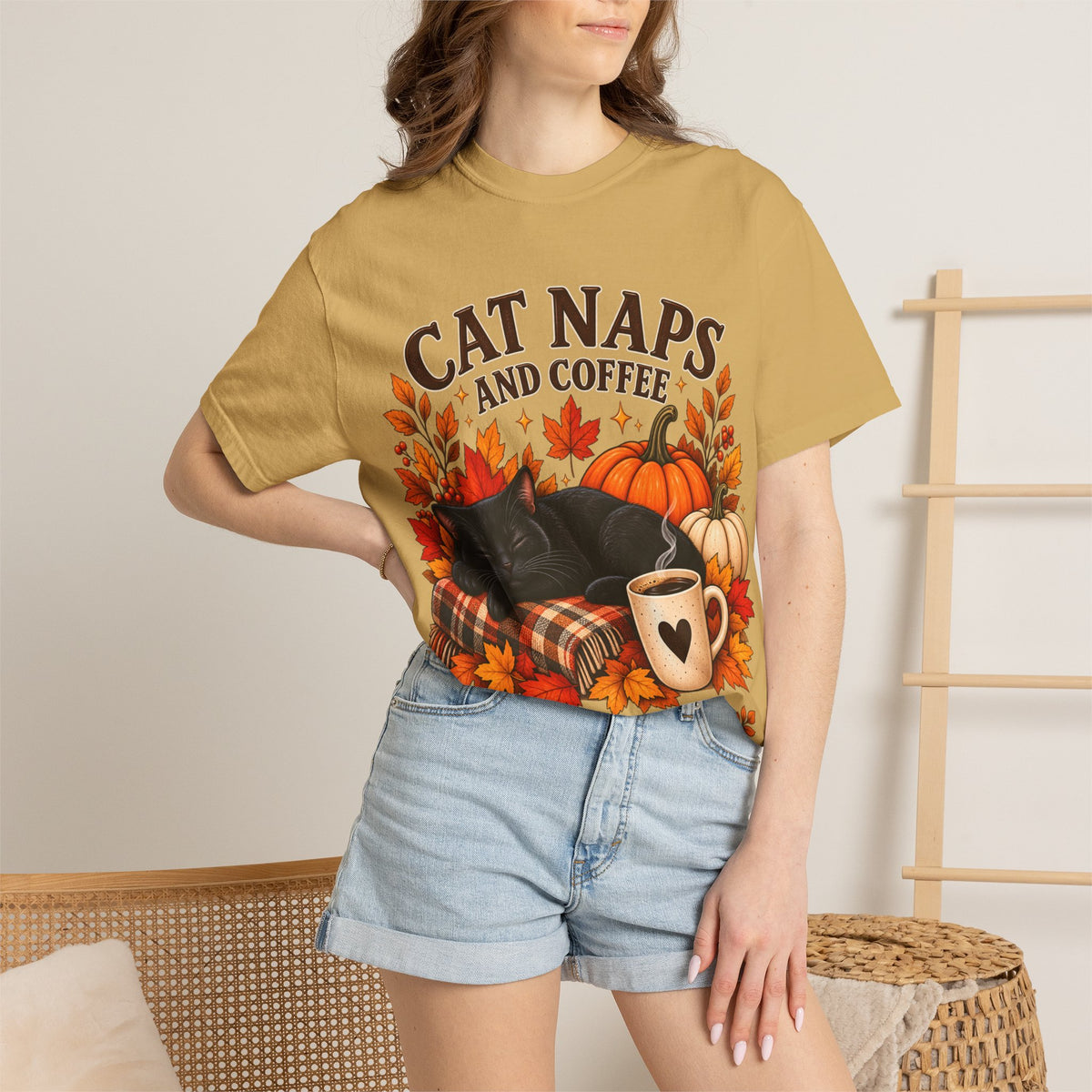 Cat Naps & Coffee T-Shirt, Black Cat Coffee Fall Shirt, Cozy Autumn Cat Tee, Cat Lover Coffee Shirt