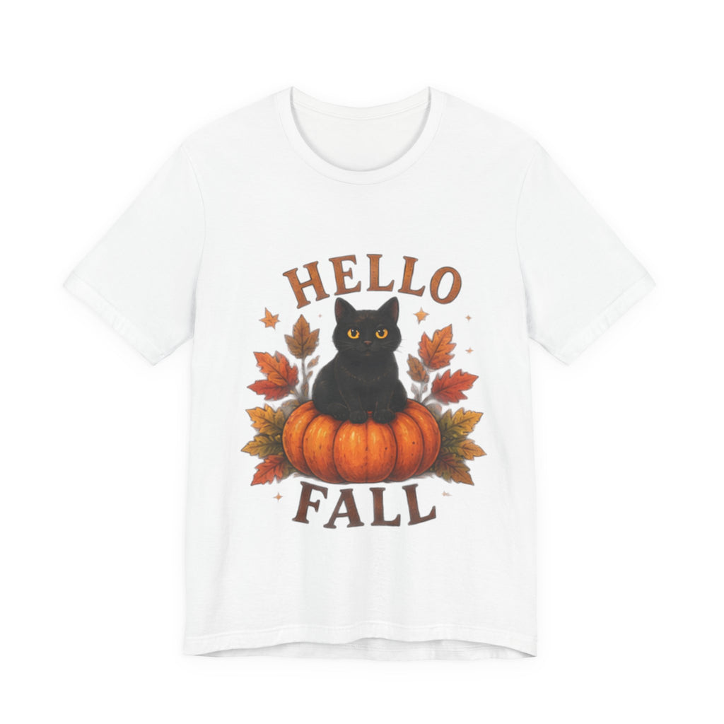 Hello Fall T-Shirt, Black Cat Pumpkin Autumn Tee, Cute Fall Cat Shirt