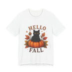 Hello Fall T-Shirt, Black Cat Pumpkin Autumn Tee, Cute Fall Cat Shirt