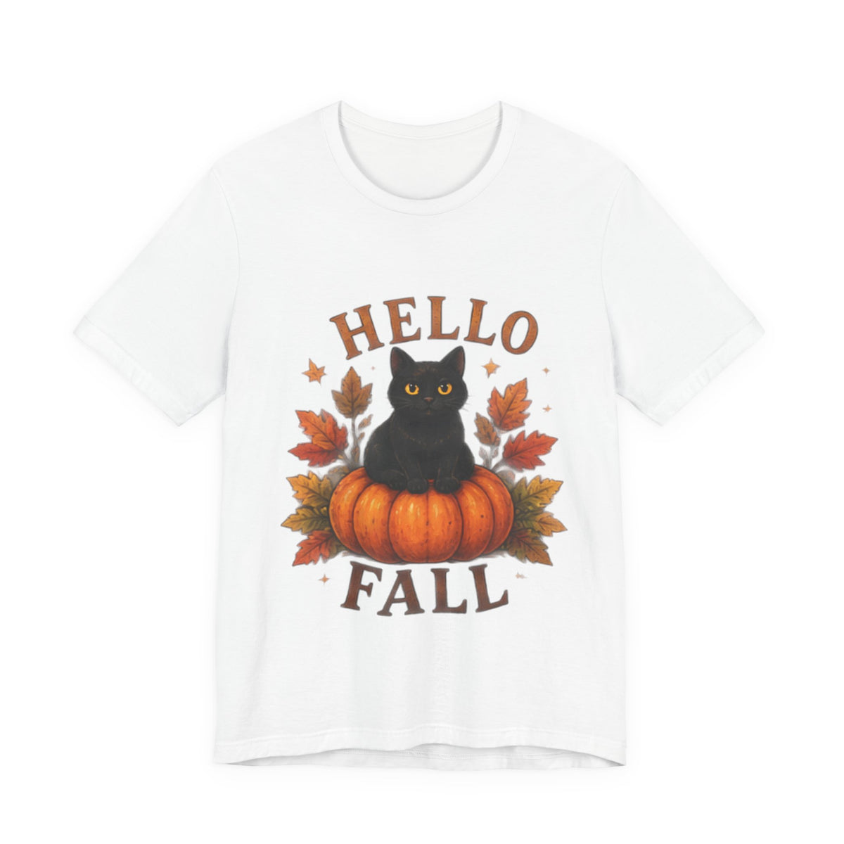 Hello Fall T-Shirt, Black Cat Pumpkin Autumn Tee, Cute Fall Cat Shirt