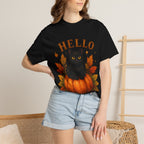 Hello Fall T-Shirt, Black Cat Pumpkin Autumn Tee, Cute Fall Cat Shirt