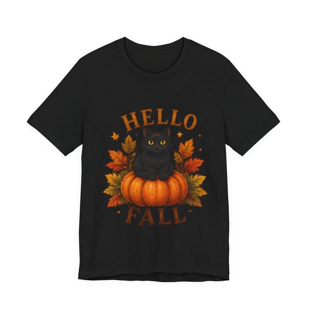 Hello Fall T-Shirt, Black Cat Pumpkin Autumn Tee, Cute Fall Cat Shirt