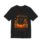 Hello Fall T-Shirt, Black Cat Pumpkin Autumn Tee, Cute Fall Cat Shirt