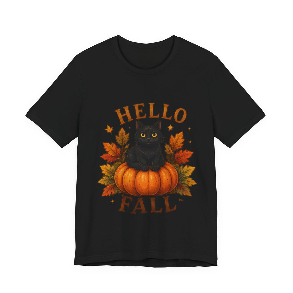 Hello Fall T-Shirt, Black Cat Pumpkin Autumn Tee, Cute Fall Cat Shirt