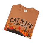 Cat Naps & Coffee T-Shirt, Black Cat Coffee Fall Shirt, Cozy Autumn Cat Tee, Cat Lover Coffee Shirt