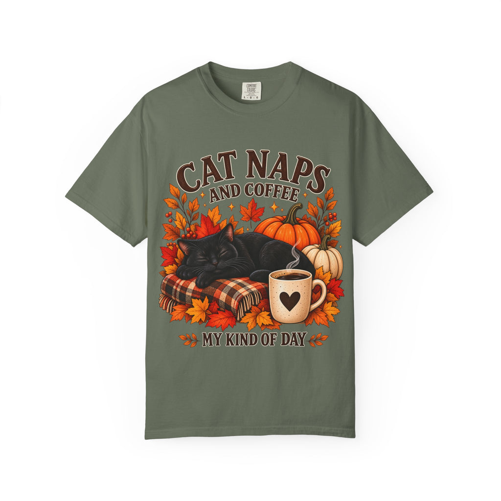 Cat Naps & Coffee T-Shirt, Black Cat Coffee Fall Shirt, Cozy Autumn Cat Tee, Cat Lover Coffee Shirt