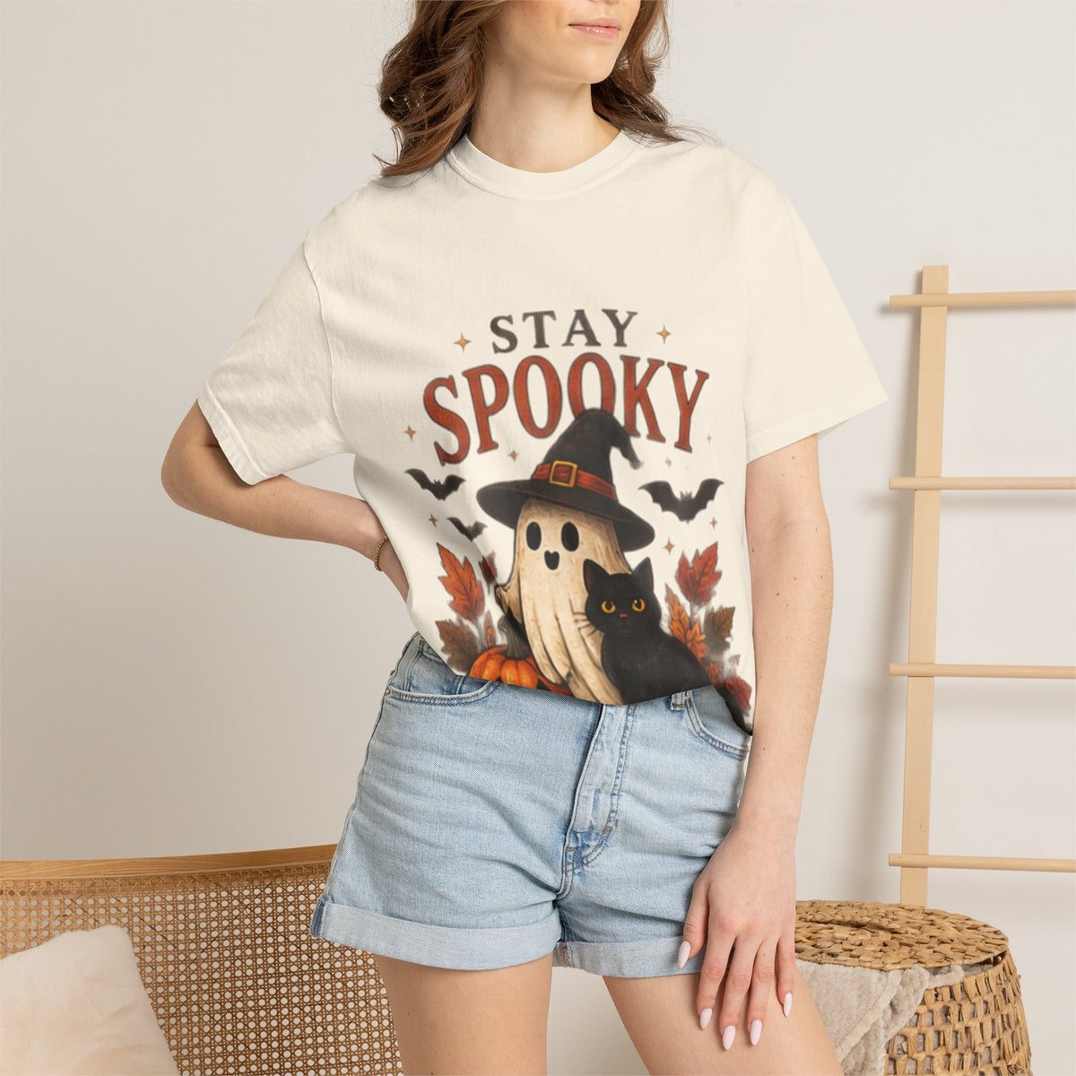 Stay Spooky T‑Shirt — Cute Ghost, Black Cat & Pumpkin Halloween Tee
