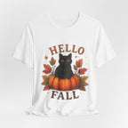 Hello Fall T-Shirt, Black Cat Pumpkin Autumn Tee, Cute Fall Cat Shirt