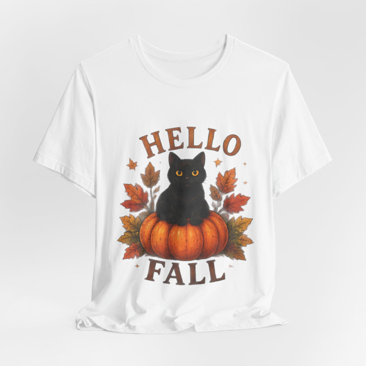 Hello Fall T-Shirt, Black Cat Pumpkin Autumn Tee, Cute Fall Cat Shirt