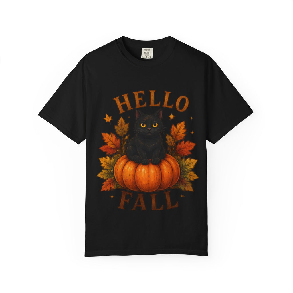 Hello Fall T-Shirt, Black Cat Pumpkin Autumn Tee, Cute Fall Cat Shirt