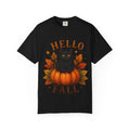 Hello Fall T-Shirt, Black Cat Pumpkin Autumn Tee, Cute Fall Cat Shirt