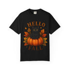 Hello Fall T-Shirt, Black Cat Pumpkin Autumn Tee, Cute Fall Cat Shirt