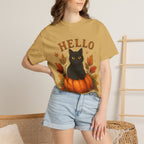 Hello Fall T-Shirt, Black Cat Pumpkin Autumn Tee, Cute Fall Cat Shirt
