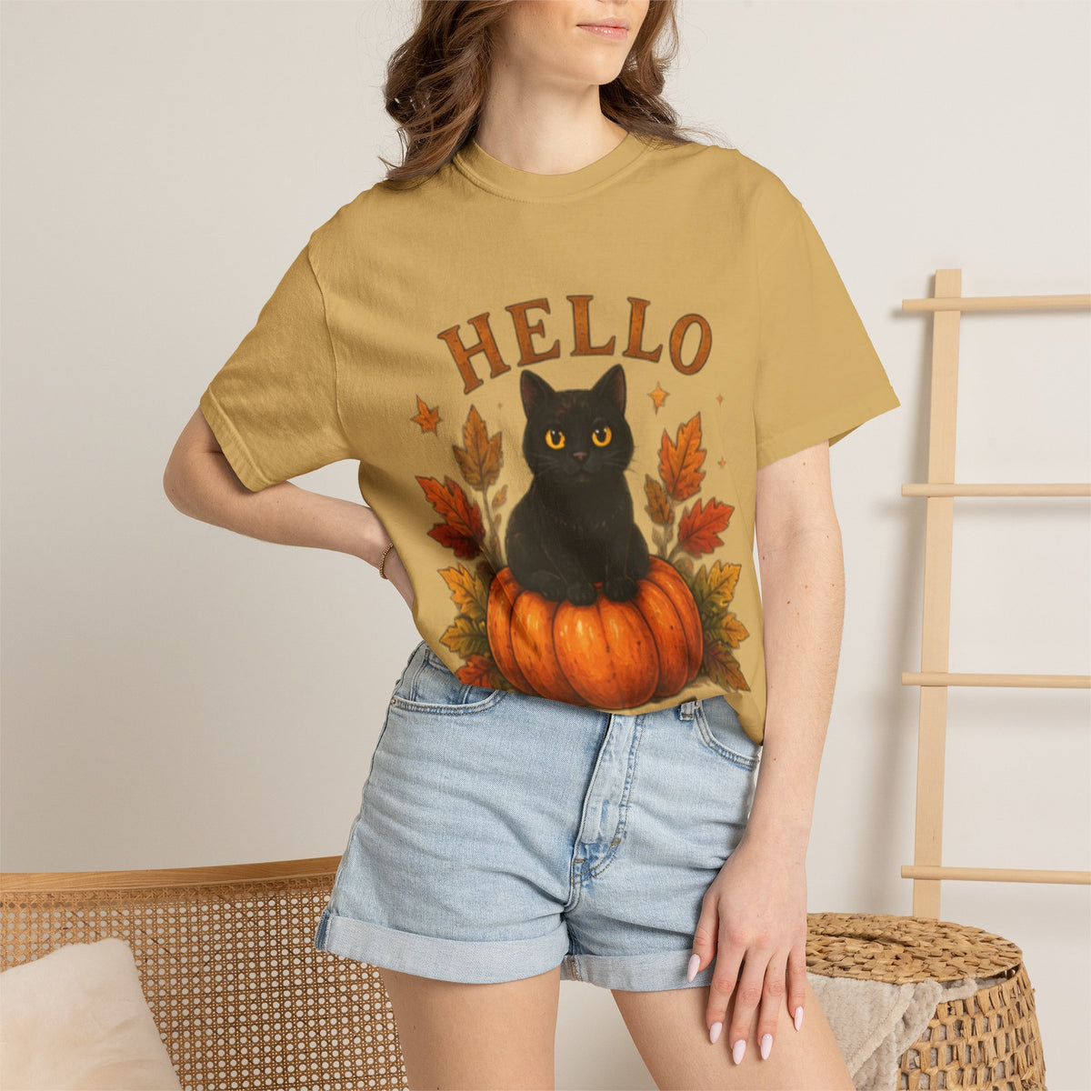 Hello Fall T-Shirt, Black Cat Pumpkin Autumn Tee, Cute Fall Cat Shirt