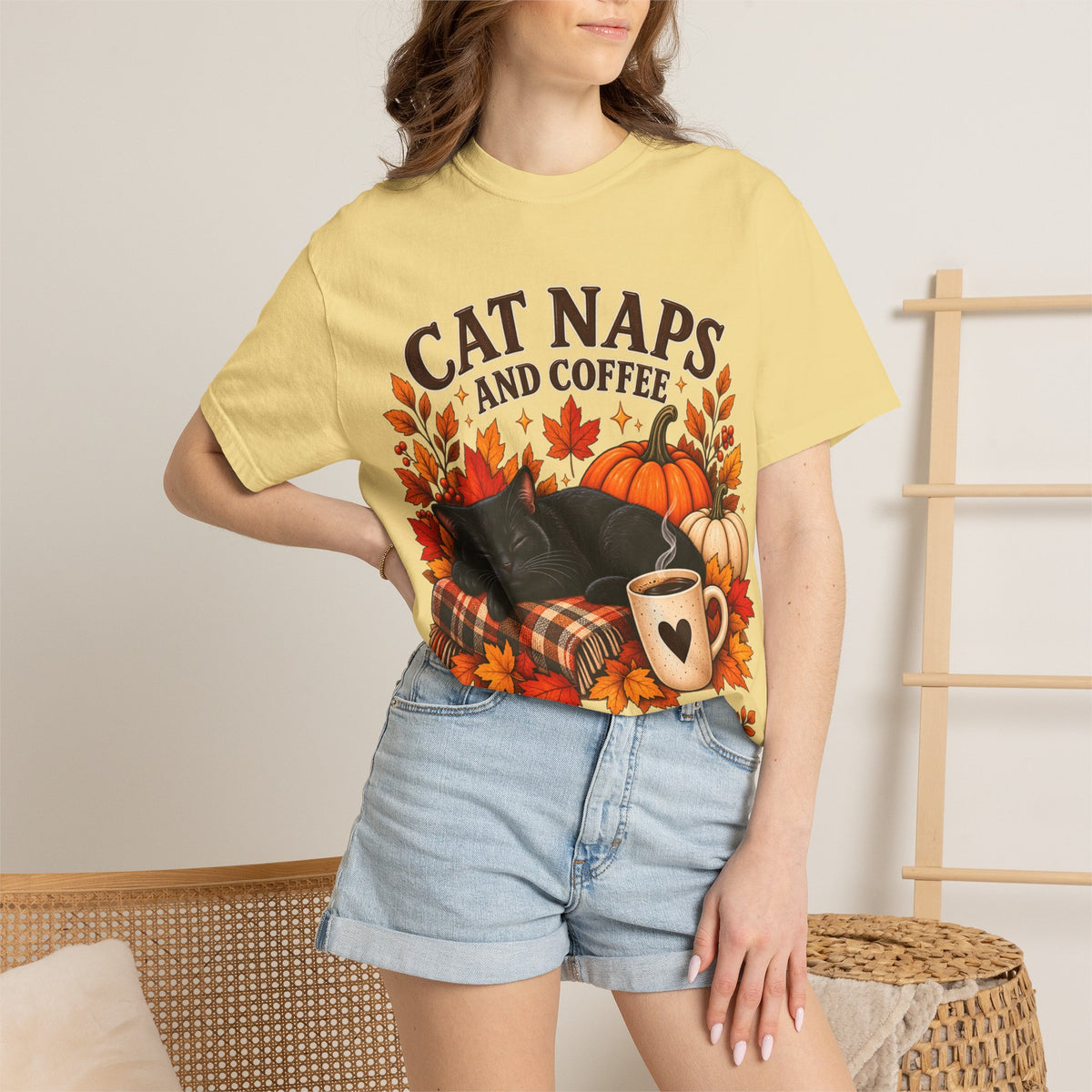 Cat Naps & Coffee T-Shirt, Black Cat Coffee Fall Shirt, Cozy Autumn Cat Tee, Cat Lover Coffee Shirt