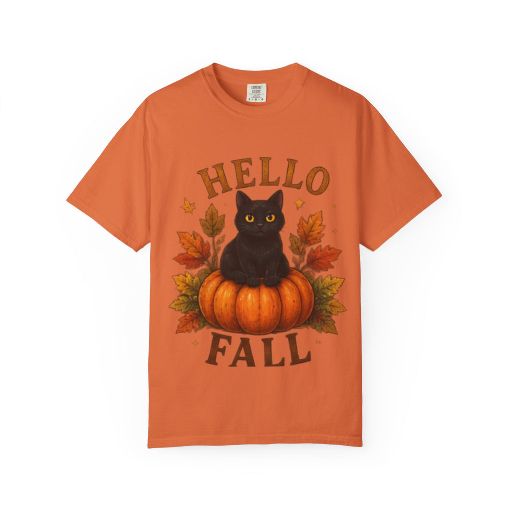 Hello Fall T-Shirt, Black Cat Pumpkin Autumn Tee, Cute Fall Cat Shirt