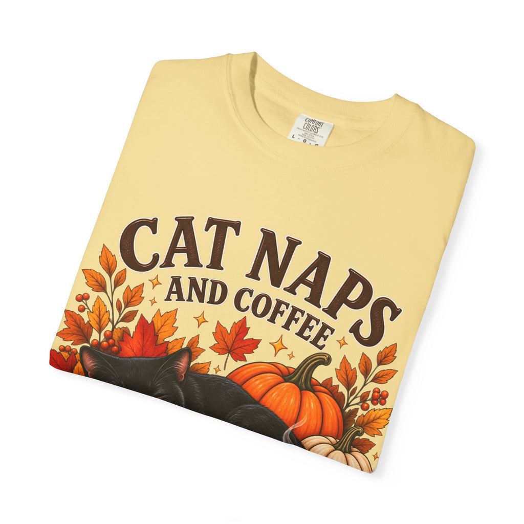 Cat Naps & Coffee T-Shirt, Black Cat Coffee Fall Shirt, Cozy Autumn Cat Tee, Cat Lover Coffee Shirt