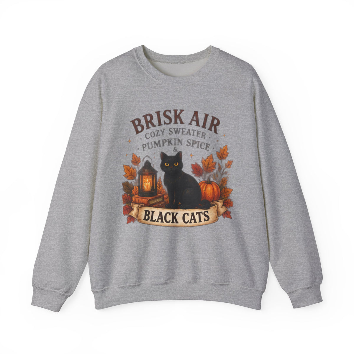 Autumn Black Cat Sweatshirt — "Brisk Air Cozy Sweater Pumpkin Spice" Fall Crewneck