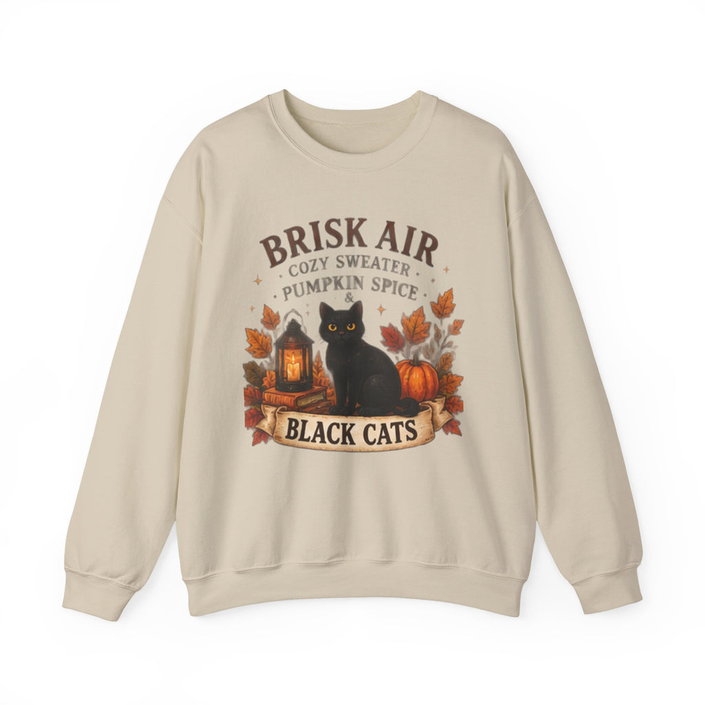 Autumn Black Cat Sweatshirt — "Brisk Air Cozy Sweater Pumpkin Spice" Fall Crewneck