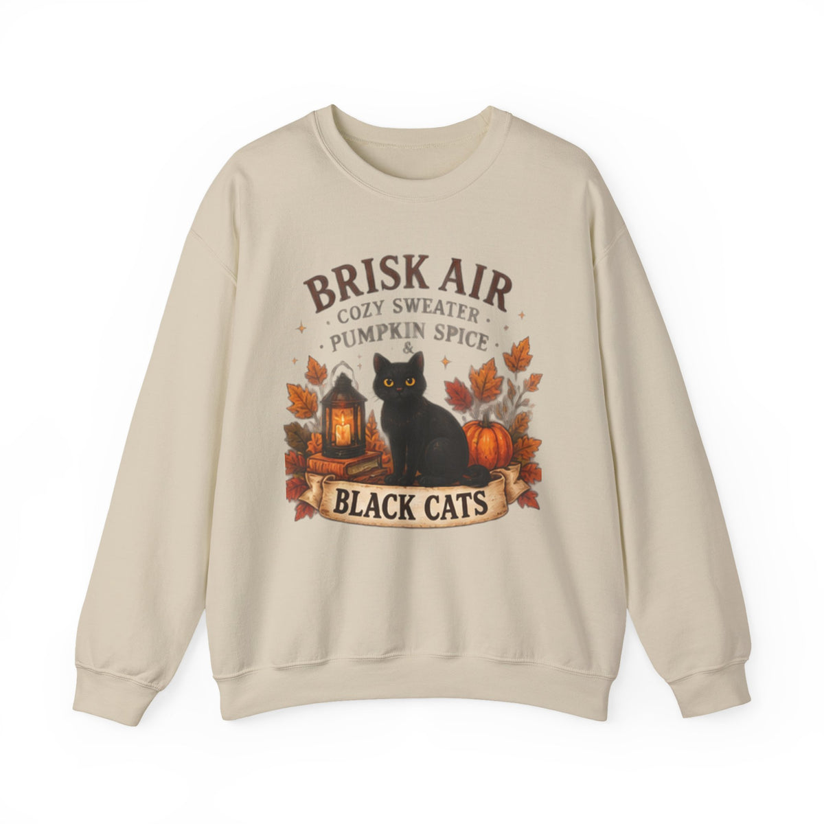 Autumn Black Cat Sweatshirt — "Brisk Air Cozy Sweater Pumpkin Spice" Fall Crewneck
