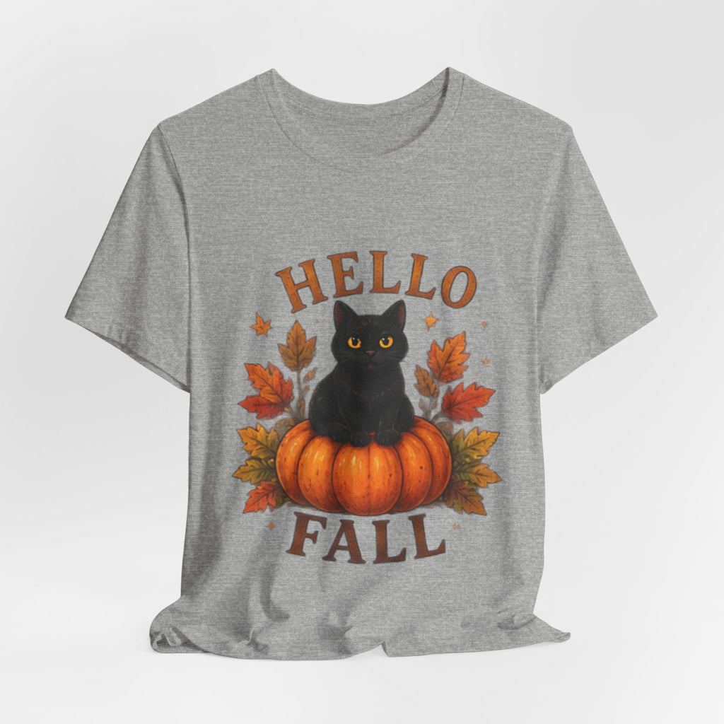 Hello Fall T-Shirt, Black Cat Pumpkin Autumn Tee, Cute Fall Cat Shirt