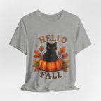 Hello Fall T-Shirt, Black Cat Pumpkin Autumn Tee, Cute Fall Cat Shirt
