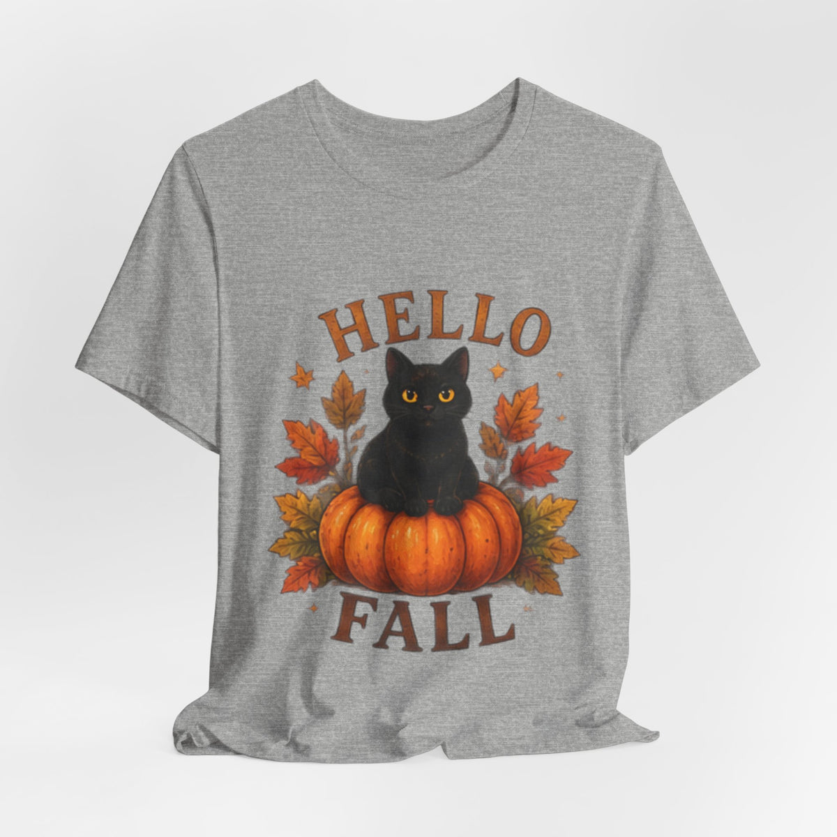 Hello Fall T-Shirt, Black Cat Pumpkin Autumn Tee, Cute Fall Cat Shirt