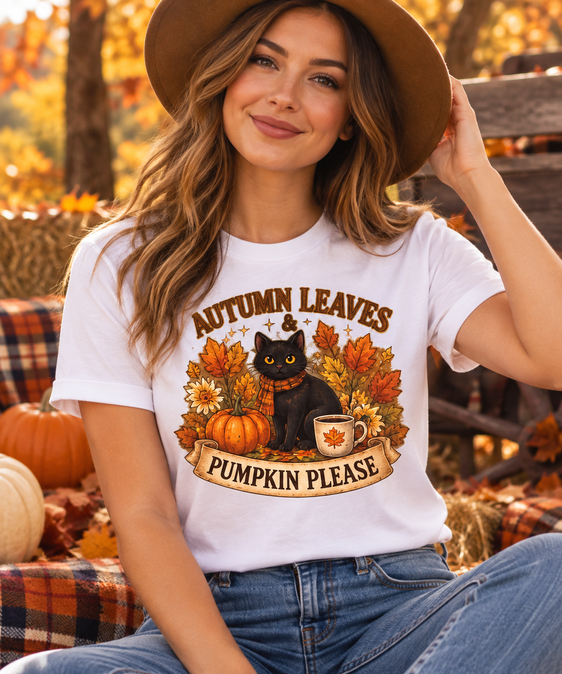 Autumn Leaves Black Cat T-Shirt — "Pumpkin Please" Fall Graphic Tee