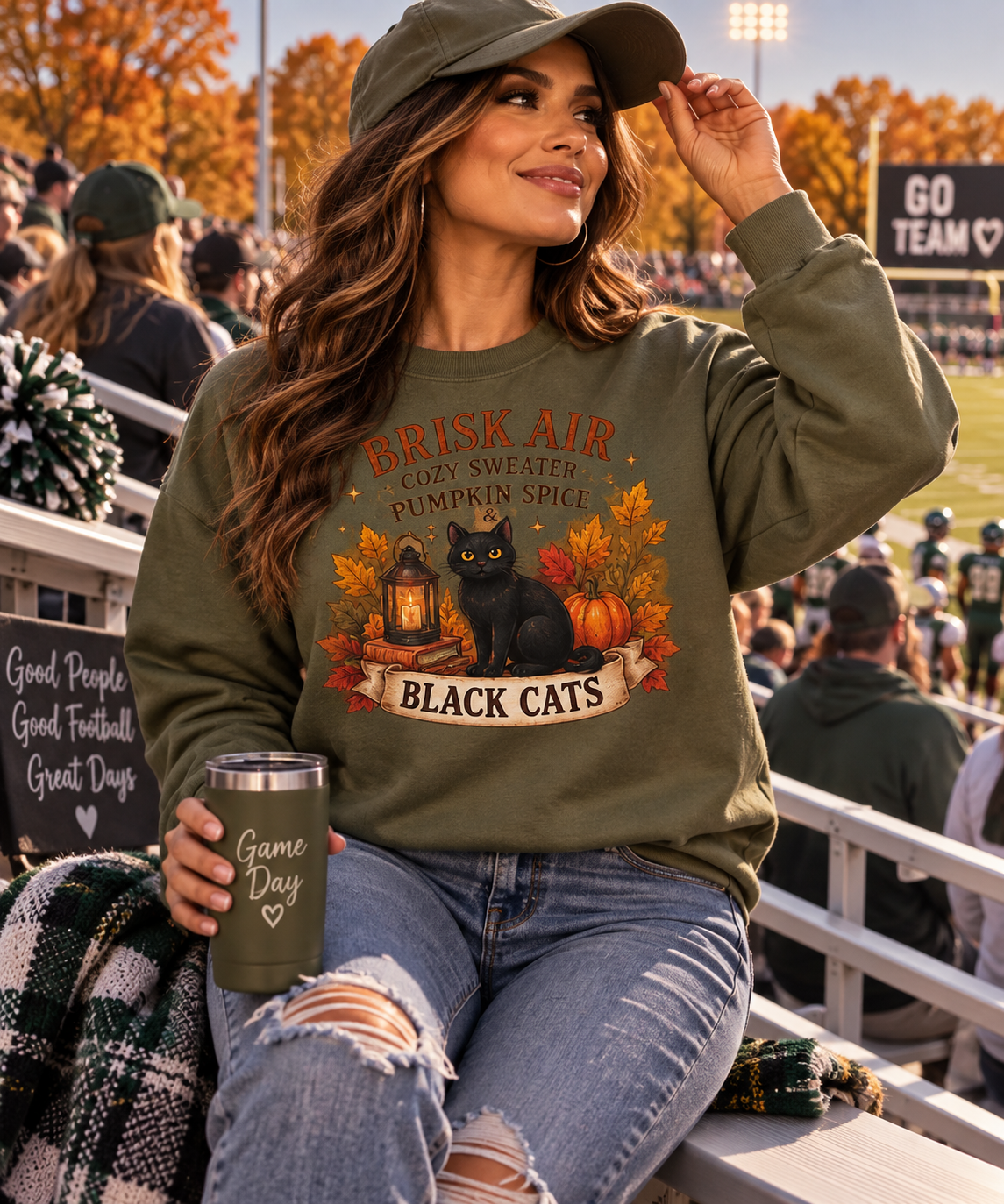 Autumn Black Cat Sweatshirt — "Brisk Air Cozy Sweater Pumpkin Spice" Fall Crewneck