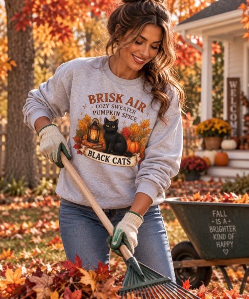 Autumn Black Cat Sweatshirt — "Brisk Air Cozy Sweater Pumpkin Spice" Fall Crewneck