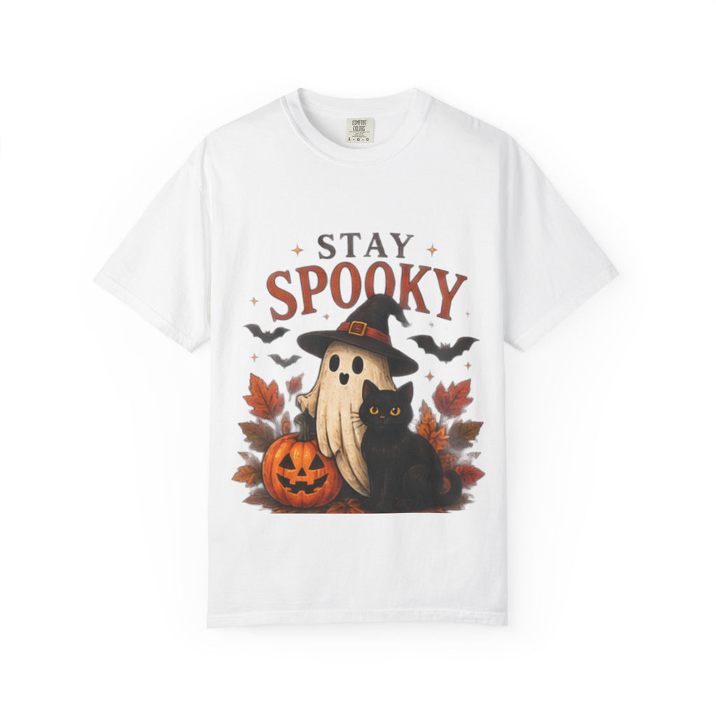 Stay Spooky T‑Shirt — Cute Ghost, Black Cat & Pumpkin Halloween Tee