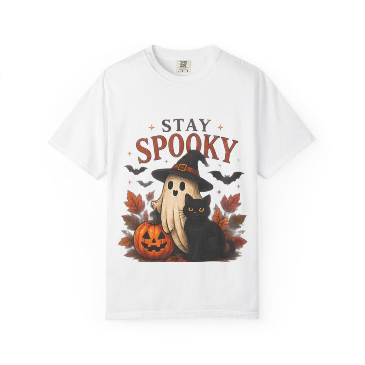 Stay Spooky T‑Shirt — Cute Ghost, Black Cat & Pumpkin Halloween Tee
