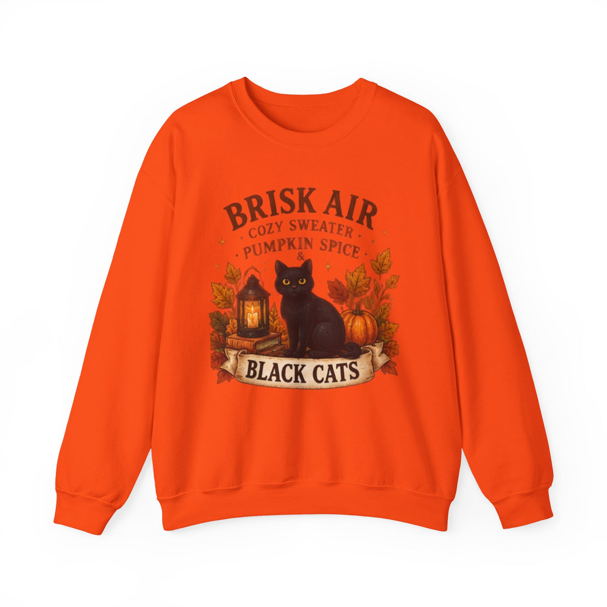 Autumn Black Cat Sweatshirt — "Brisk Air Cozy Sweater Pumpkin Spice" Fall Crewneck