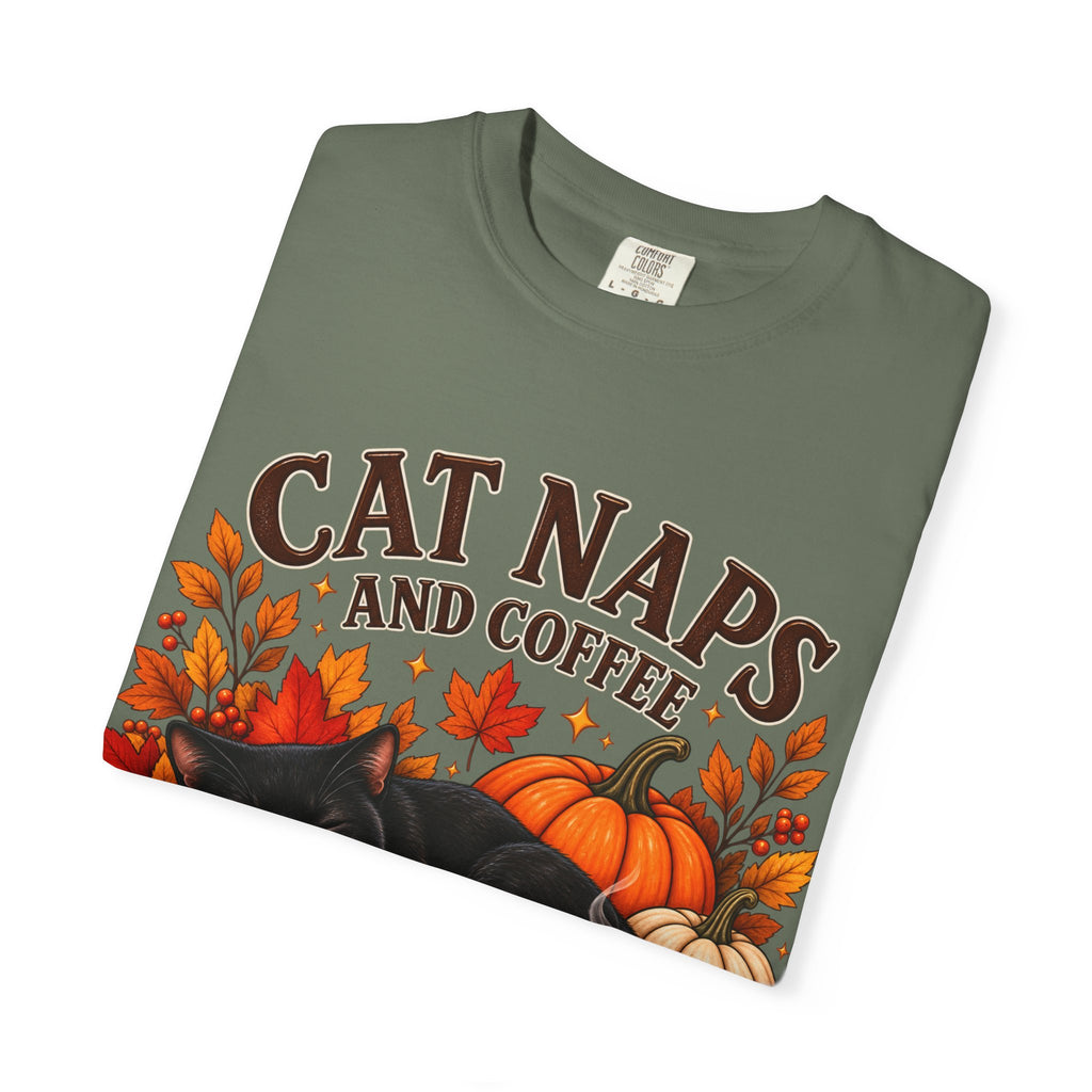 Cat Naps & Coffee T-Shirt, Black Cat Coffee Fall Shirt, Cozy Autumn Cat Tee, Cat Lover Coffee Shirt