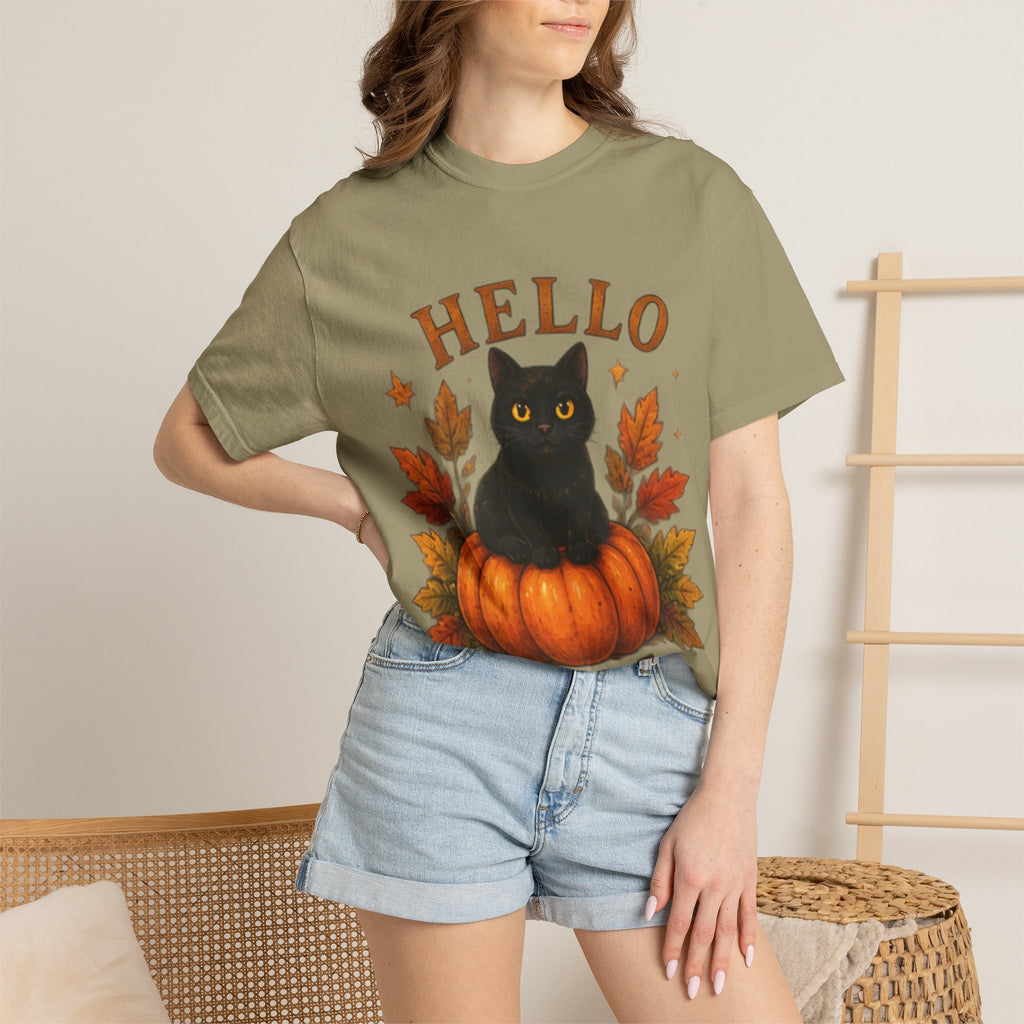Hello Fall T-Shirt, Black Cat Pumpkin Autumn Tee, Cute Fall Cat Shirt